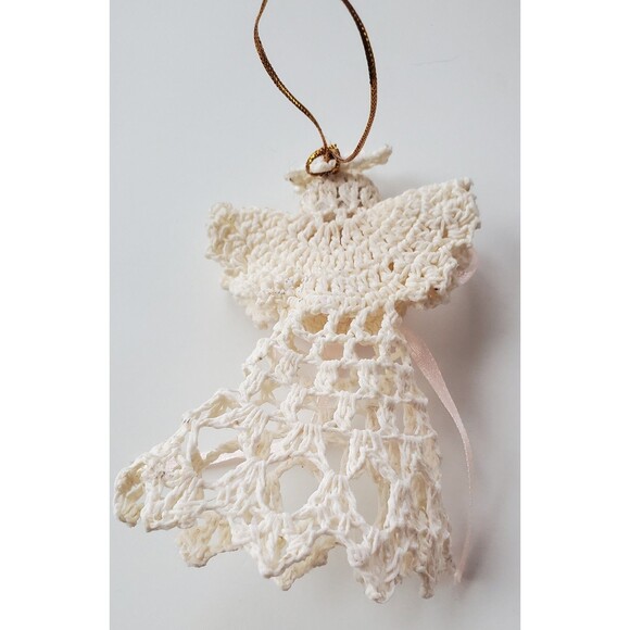 Handcrafted Angel White Crochet Starched Christmas Tree Ornament Vintage Ribbon - Picture 5 of 7